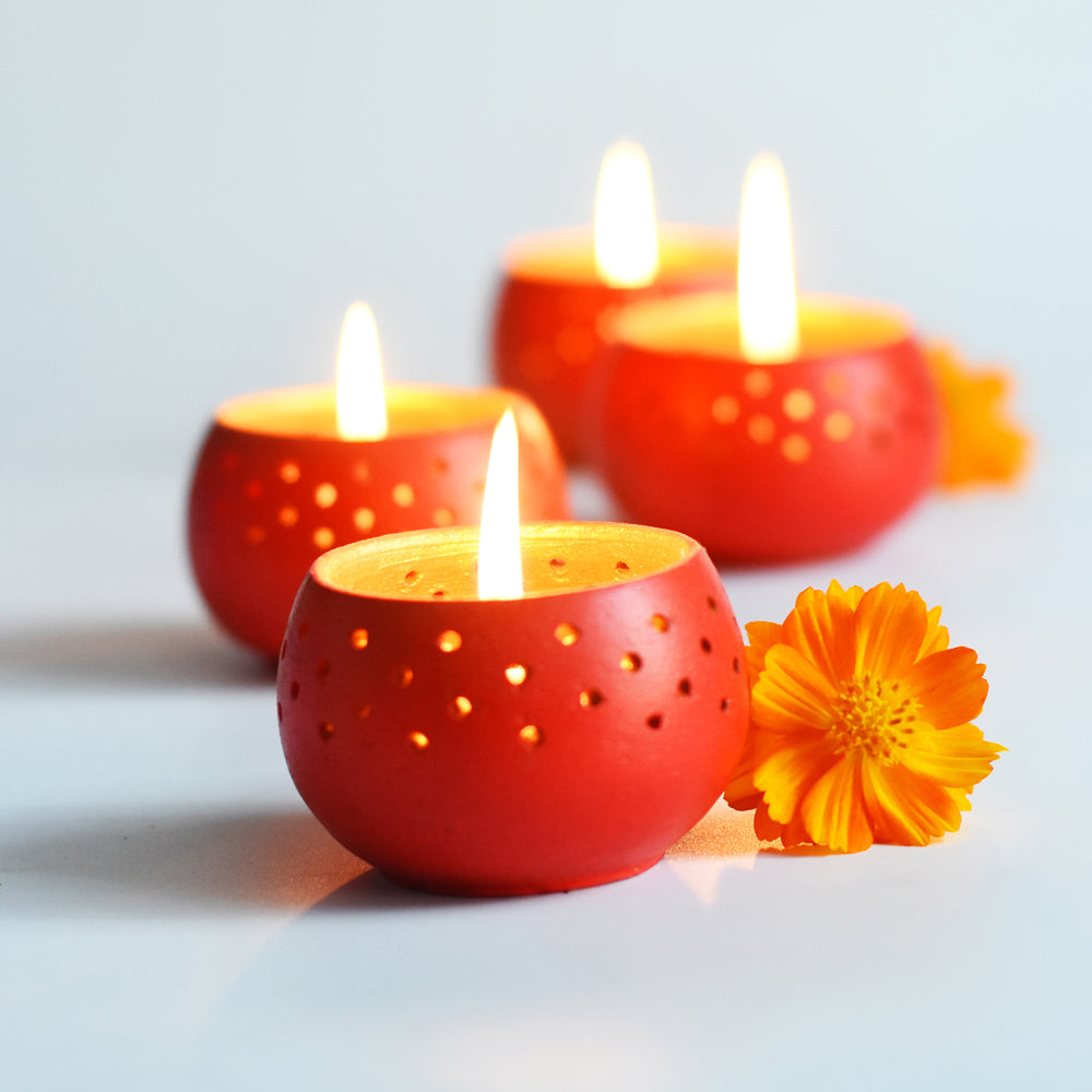 Handcrafted Terracotta "Dome" Tea Light Holder (Red - Set Of 4)