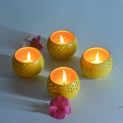 Handcrafted Terracotta "Dome" Tea Light Holder (Yellow - Set Of 4)
