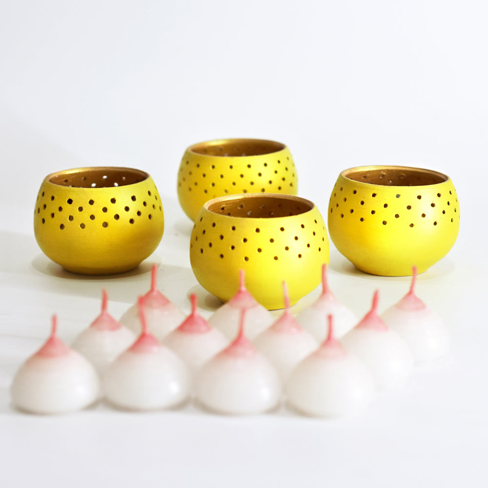 Handcrafted Terracotta "Dome" Tea Light Holder (Yellow - Set Of 4)