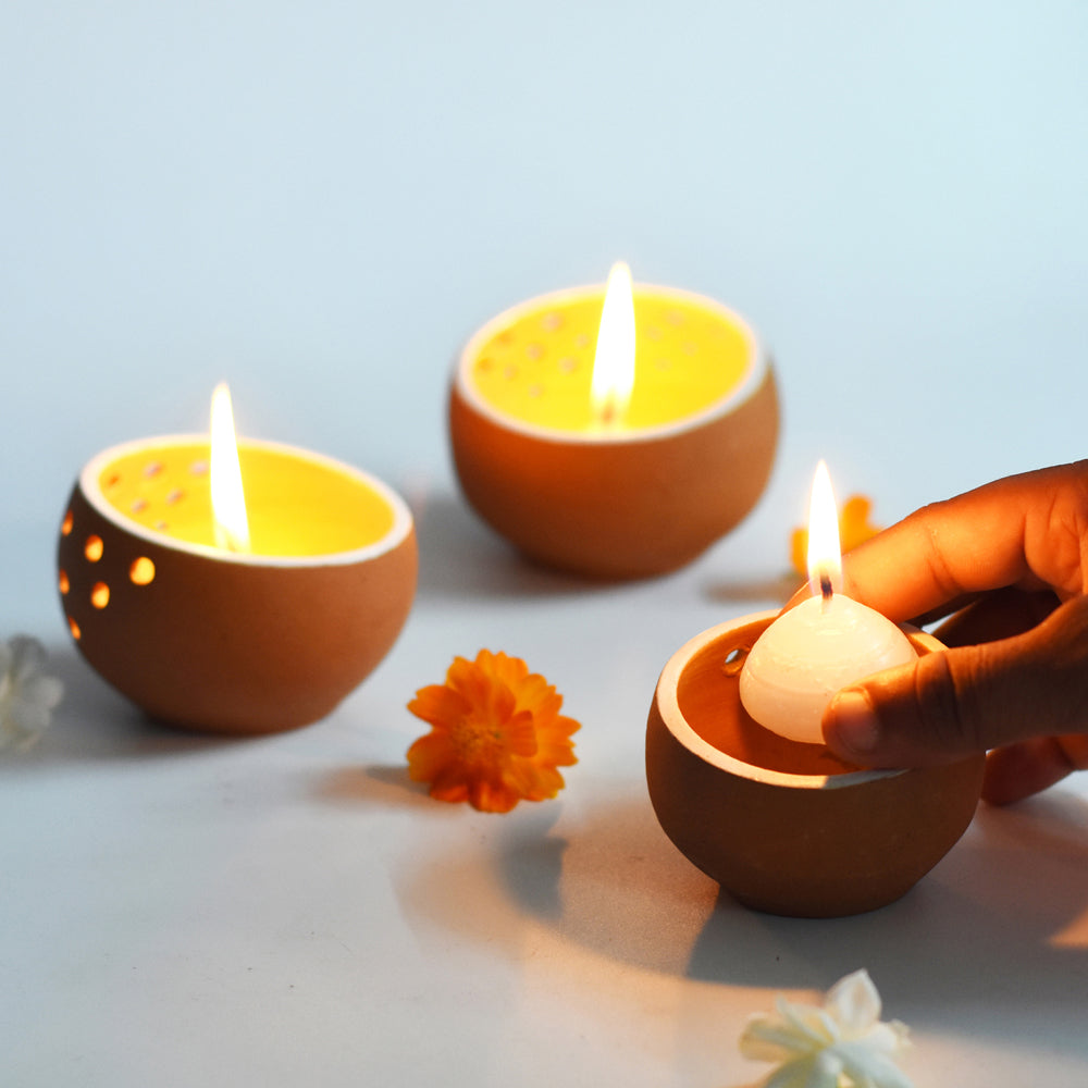 Handcrafted Terracotta "Drum" Candle Pod (Set Of 3)