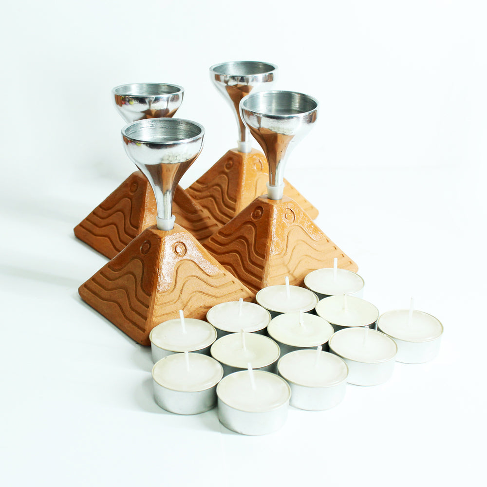 Handcrafted Terracotta Bliss Pyramid with Aluminum Funnel Tea Light Holder (Set Of 4)