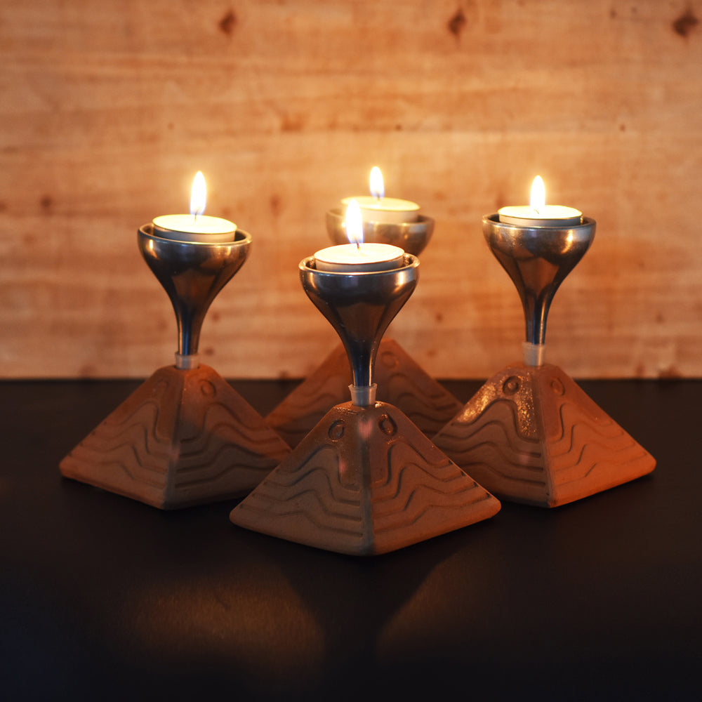 Handcrafted Terracotta Bliss Pyramid with Aluminum Funnel Tea Light Holder (Set Of 4)