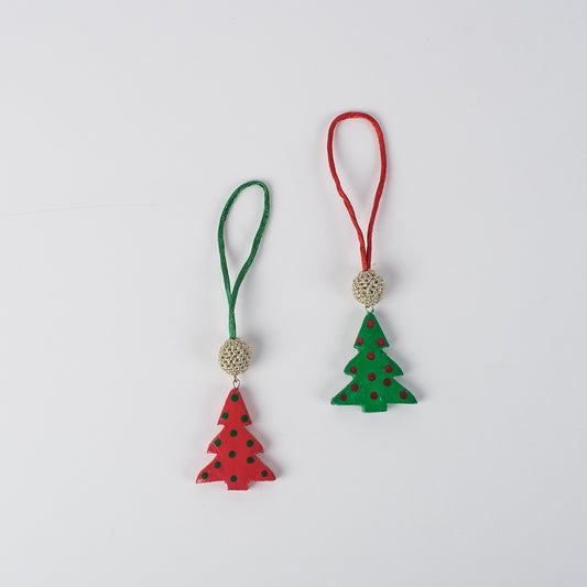 Samoolam Handmade Christmas Tree Decorations ~ Red & Green Bead Wooden Tree (Set of 2)