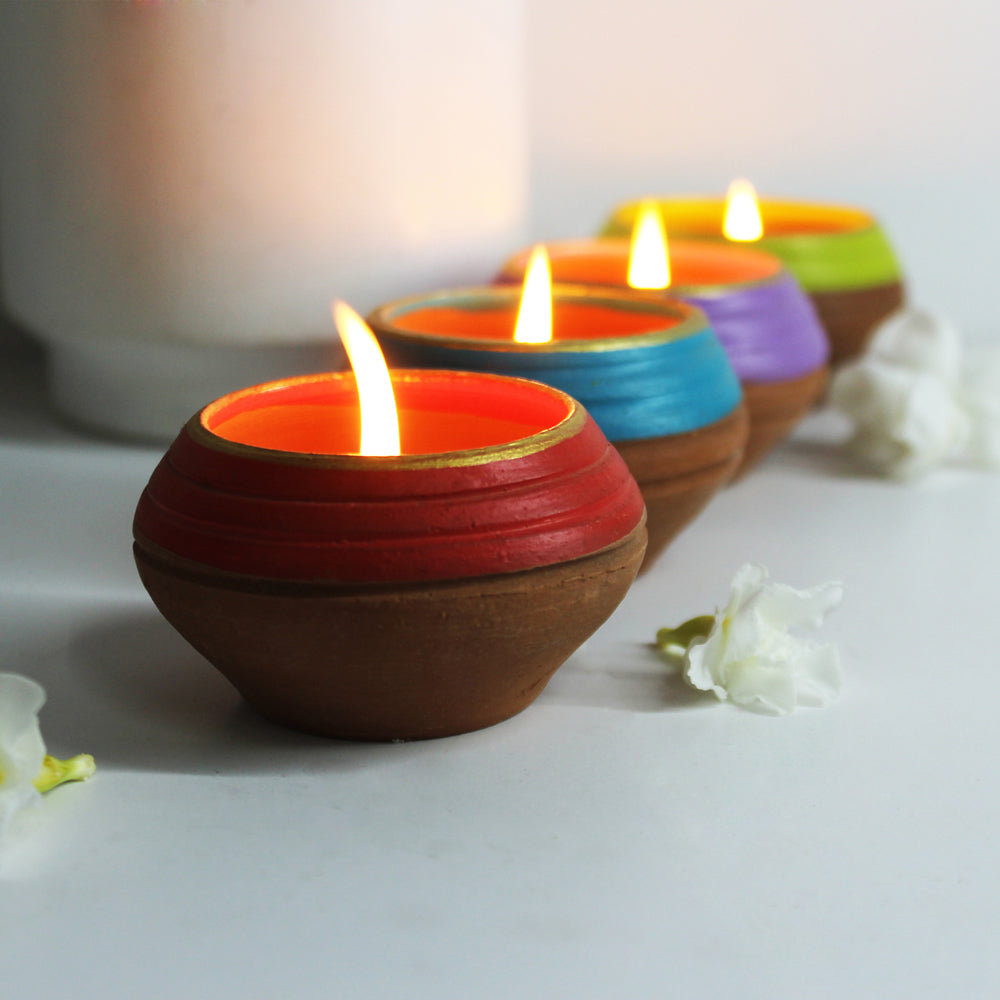 Handcrafted Terracotta "Pot Dabur" Candle Holder (Multicolour - Set Of 4)