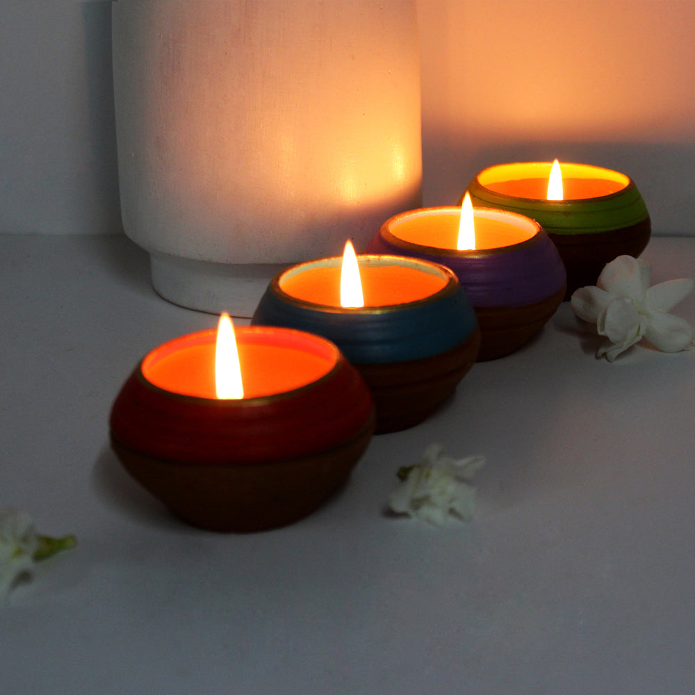 Handcrafted Terracotta "Pot Dabur" Candle Holder (Multicolour - Set Of 4)