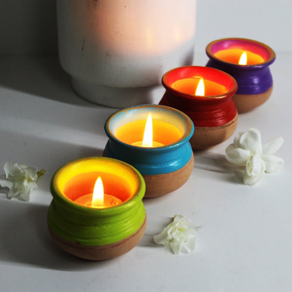 Handcrafted Terracotta "Pot Handi" Candle Holder (Multicolour - Set Of 4)