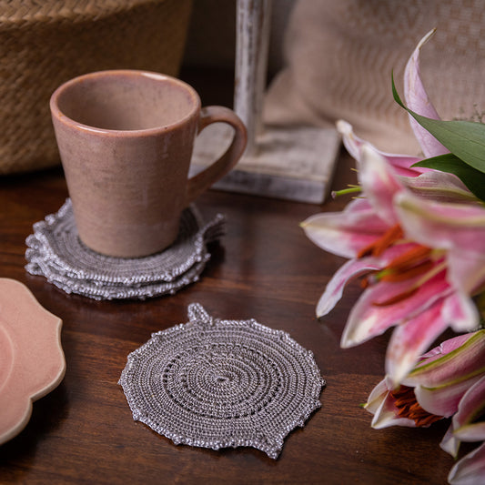 Samoolam Handmade Crochet Ziba Round Coasters (Silver Charcoal ~ Set of 6)