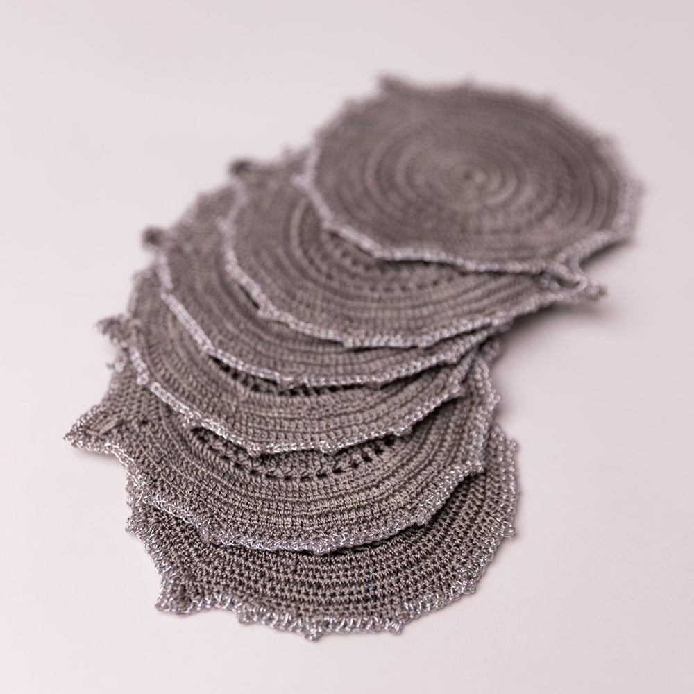 Samoolam Handmade Crochet Ziba Round Coasters (Silver Charcoal ~ Set of 6)