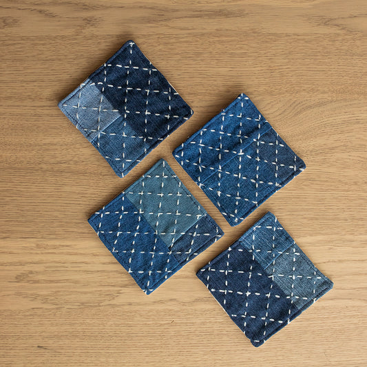 Hand Embroidered Upcycled Jeans Coasters (Set of 4) - Criss Cross