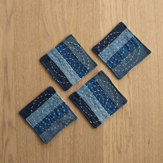 Hand Embroidered Upcycled Jeans Coasters (Set of 4) - Spiral