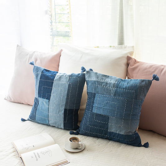 Blue - Hand Embroidered Upcycled Jeans Cushion Covers (Set of 2) - Boxed