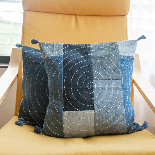Blue - Hand Embroidered Upcycled Jeans Cushion Covers (Set of 2) - Spiral