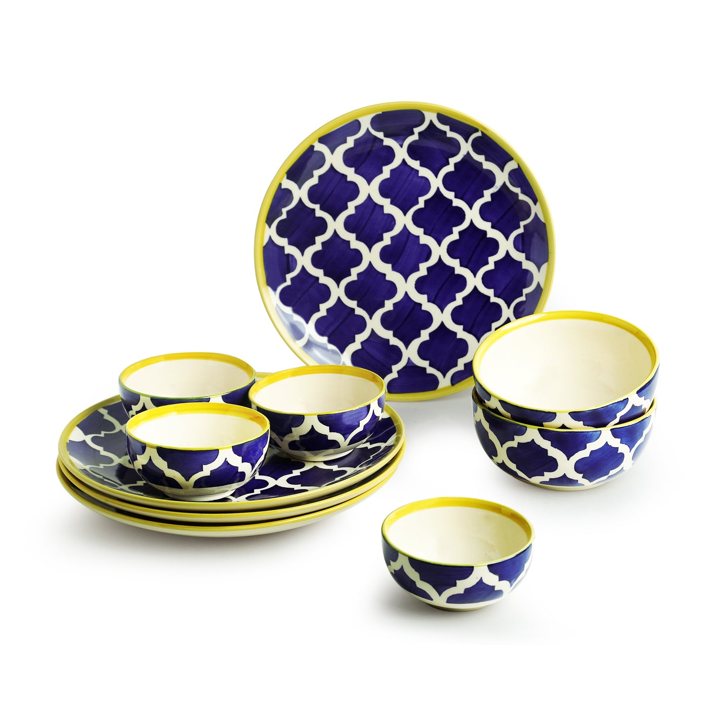 'Moroccan Dining' Handpainted Ceramic Dinner Plates With Katoris & Serving Bowls (10 Pieces, Serving for 4)