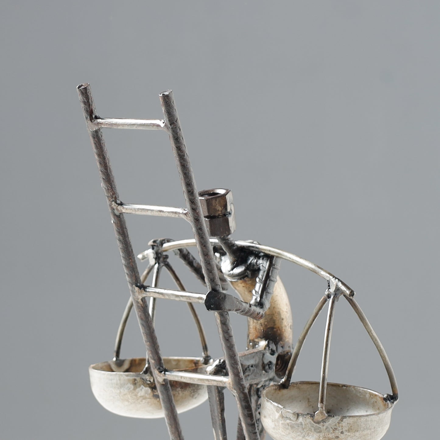 Ladder Man with Double Basket - Handmade Recycled Metal Sculpture by Debabrata Ruidas