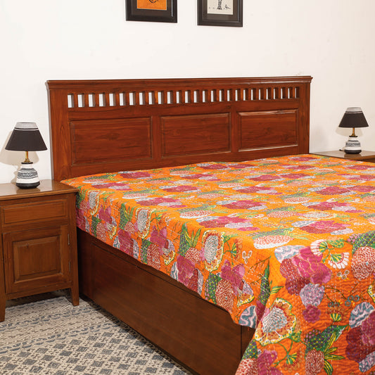 Orange - Sanganeri Block Printing Kantha Flower Work Cotton Double Bed Cover (107 x 90 in)