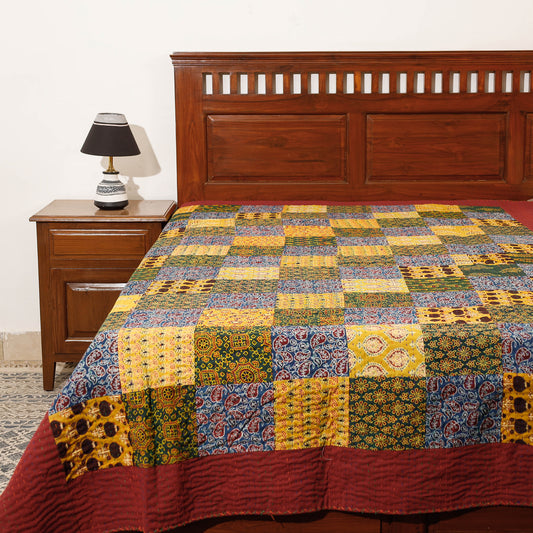 Multicolor - Ajrakh Block Printing Patchwork Kantha Cotton Single Bed Cover (93 X 61 in)
