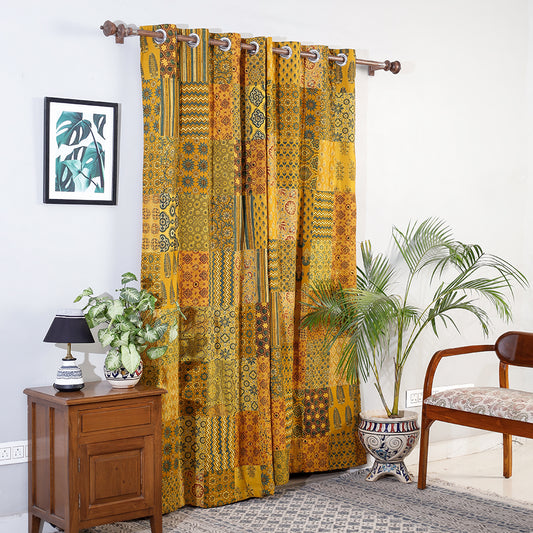 Yellow - Ajrakh Block Printing Patchwork Cotton Door Curtain (7 x 3 Feet)