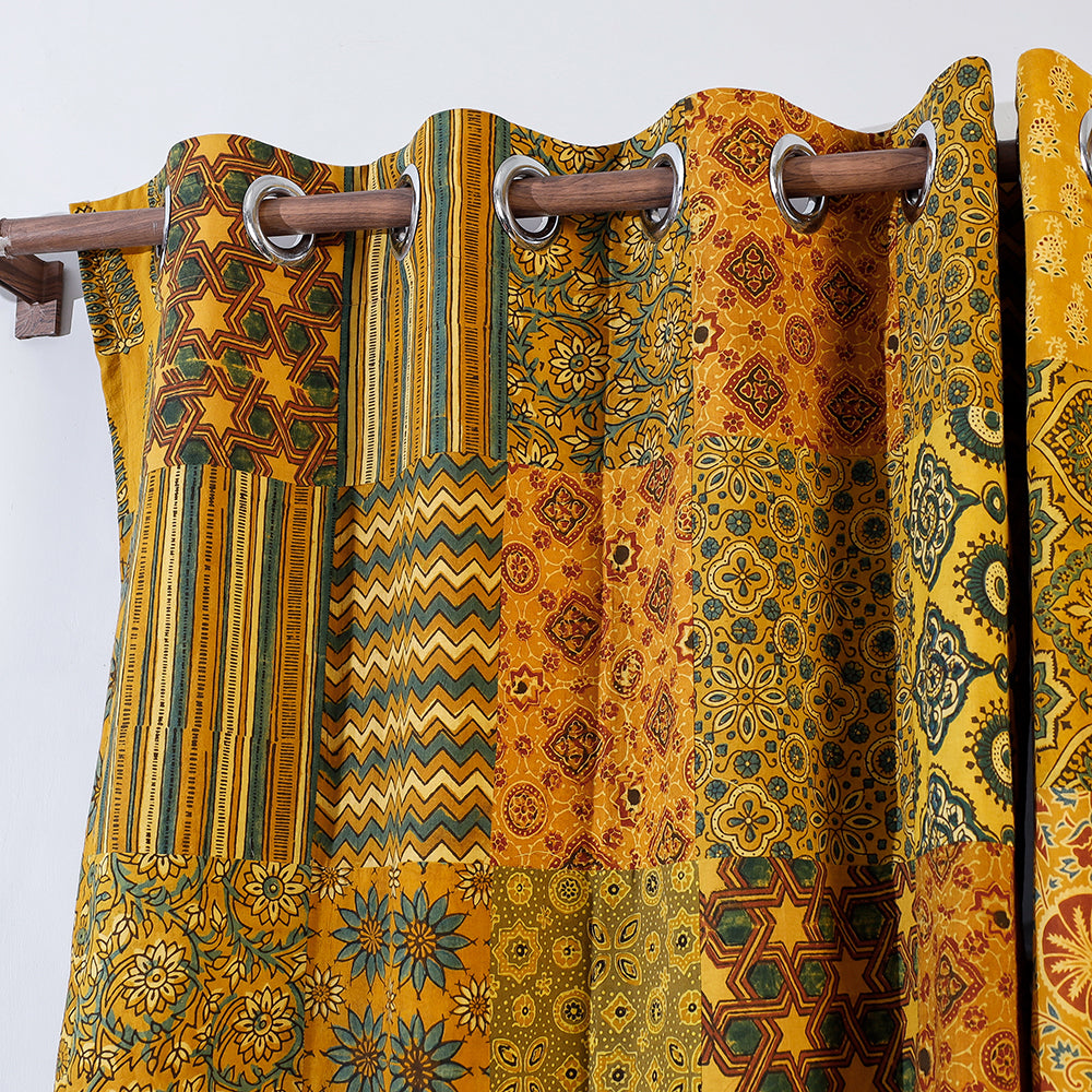 Yellow - Ajrakh Block Printing Patchwork Cotton Door Curtain (7 x 3 Feet)