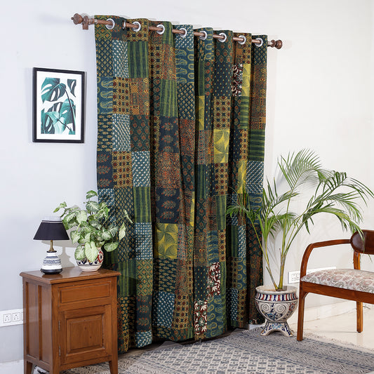 Green - Ajrakh Block Printing Patchwork Cotton Door Curtain (7 x 3 Feet)