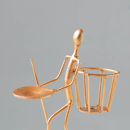 Man with Basket Candle Stand - Handmade Recycled Metal Sculpture by Debabrata Ruidas
