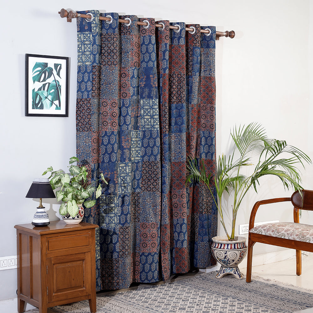 Blue - Ajrakh Block Printing Patchwork Cotton Door Curtain (7 x 3 Feet)