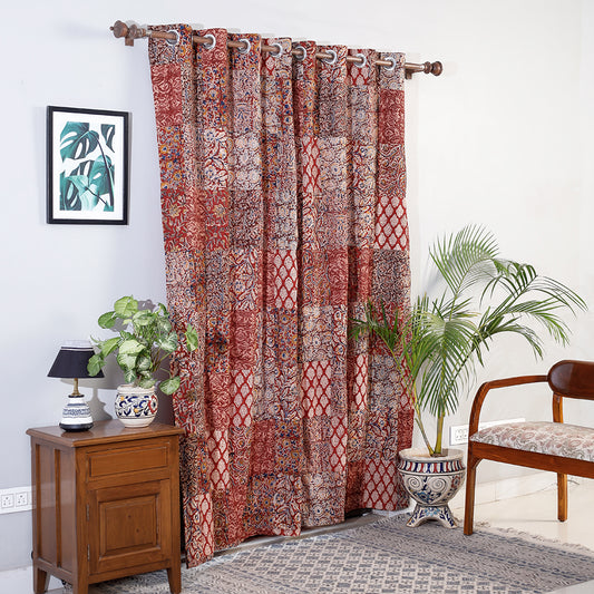 Red - Kalamkari Block Printing Patchwork Cotton Door Curtain (7 x 3 Feet)