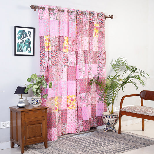 Pink - Sanganeri Block Printing Patchwork Cotton Door Curtain (7 x 3 Feet)