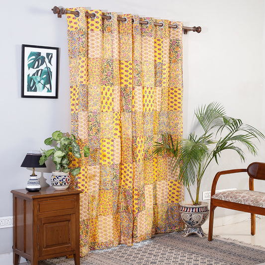 Yellow - Sanganeri Block Printing Patchwork Cotton Door Curtain (7 x 3 Feet)
