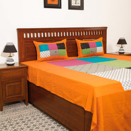 Orange - Jacquard Patchwork Cotton Double Bed Cover with Pillow Covers (110 x 88 in)