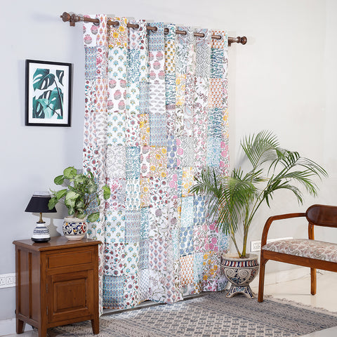 White - Sanganeri Block Printing Patchwork Cotton Door Curtain (7 x 3 Feet)