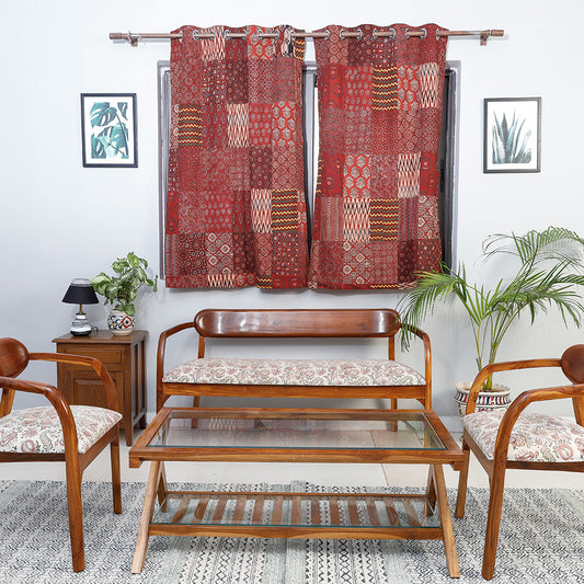 Red - Ajrakh Block Printing Patchwork Cotton Window Curtain (5 x 3 Feet)