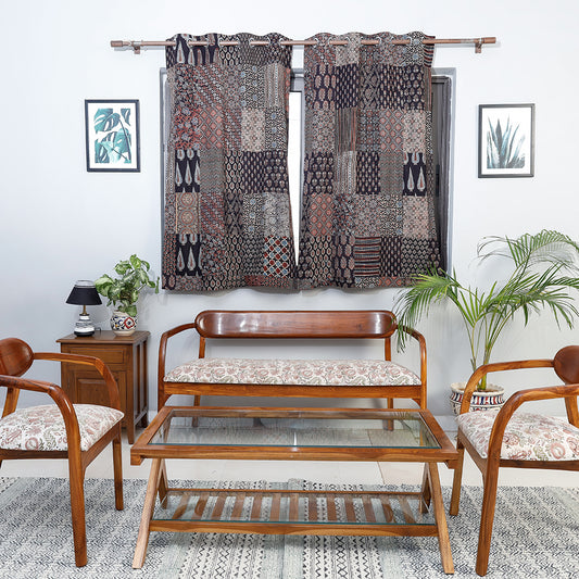 Black - Ajrakh Block Printing Patchwork Cotton Window Curtain (5 x 3 Feet)