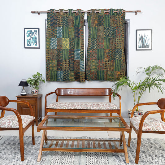 Green - Ajrakh Block Printing Patchwork Cotton Window Curtain (5 x 3 Feet)