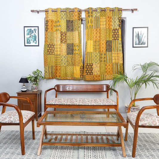 Yellow - Ajrakh Block Printing Patchwork Cotton Window Curtain (5 x 3 Feet)