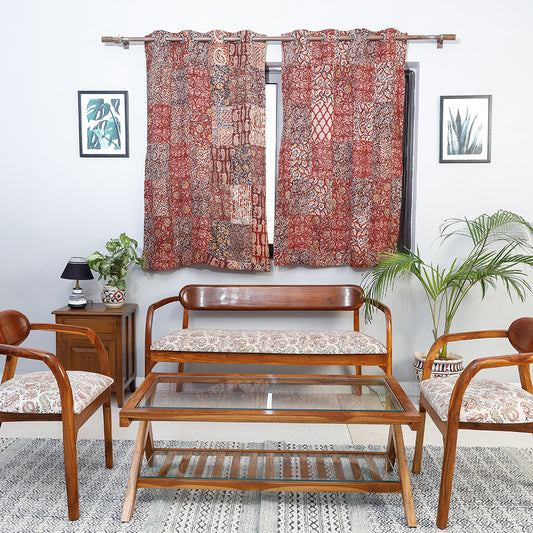 Red - Kalamkari Block Printing Patchwork Cotton Window Curtain (5 x 3 Feet)