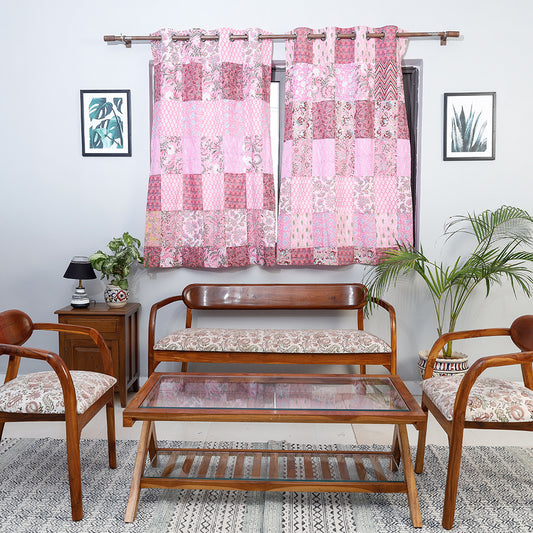 Pink - Sanganeri Block Printing Patchwork Cotton Window Curtain (5 x 3 Feet)