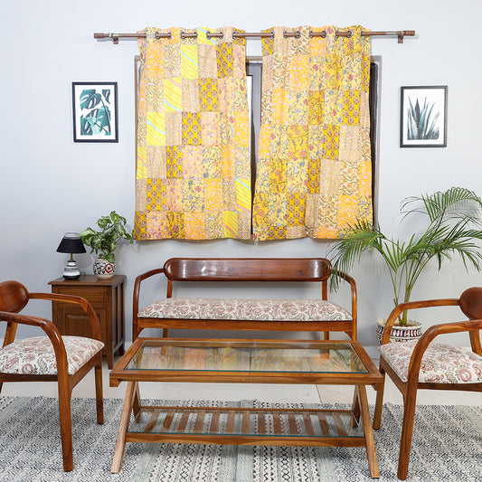 Yellow - Sanganeri Block Printing Patchwork Cotton Window Curtain (5 x 3 Feet)