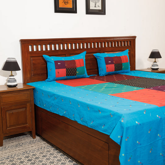 Blue - Jacquard Patchwork Cotton Double Bed Cover with Pillow Covers (110 x 88 in)