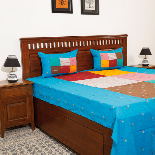 Blue - Jacquard Patchwork Cotton Double Bed Cover with Pillow Covers (110 x 88 in)