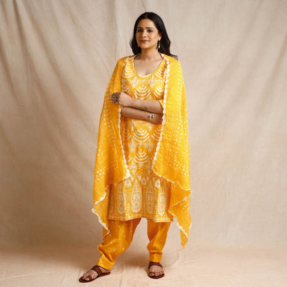 Yellow - Bandhani Cotton Kurta with Salwar & Dupatta Set