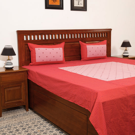 Red - Jacquard Patchwork Cotton Double Bed Cover with Pillow Covers (110 x 88 in)