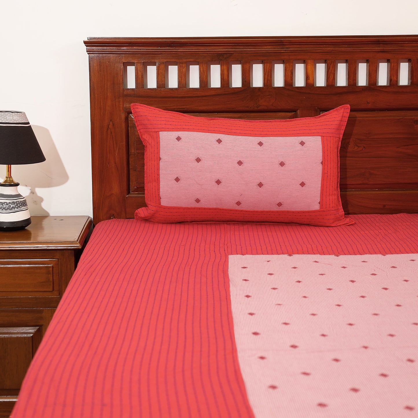 Red - Jacquard Patchwork Cotton Double Bed Cover with Pillow Covers (110 x 88 in)
