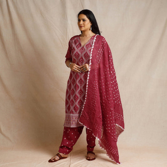 Red - Bandhani Cotton Kurta with Salwar & Dupatta Set