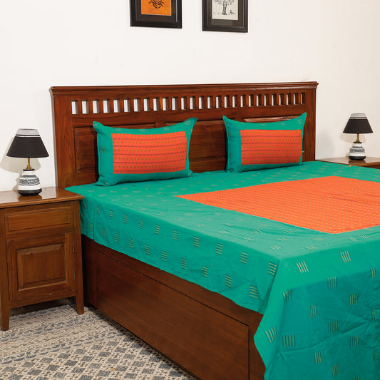 Green - Jacquard Patchwork Cotton Double Bed Cover with Pillow Covers (110 x 88 in)