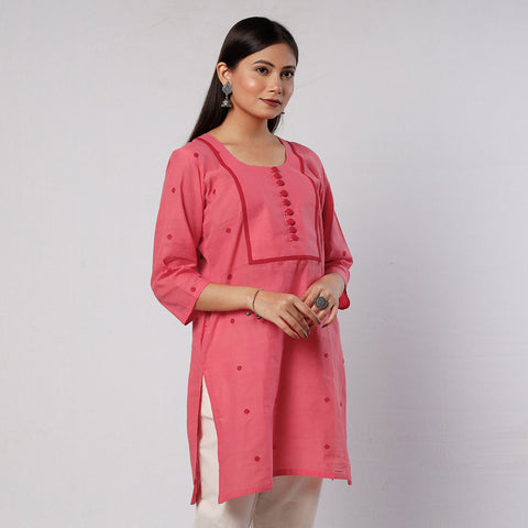 Watermelon Pink Jamdani Handloom Cotton Short Kurta