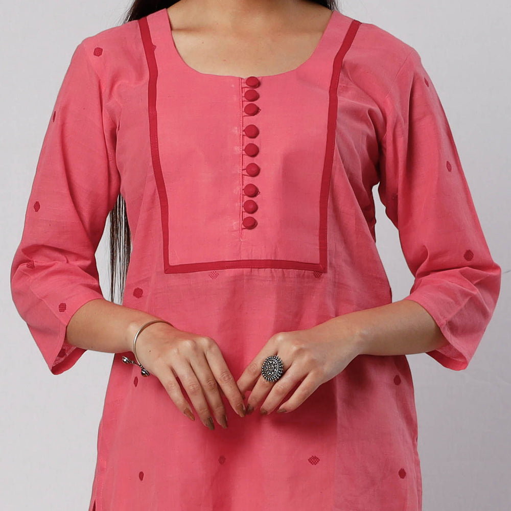 Watermelon Pink Jamdani Handloom Cotton Short Kurta