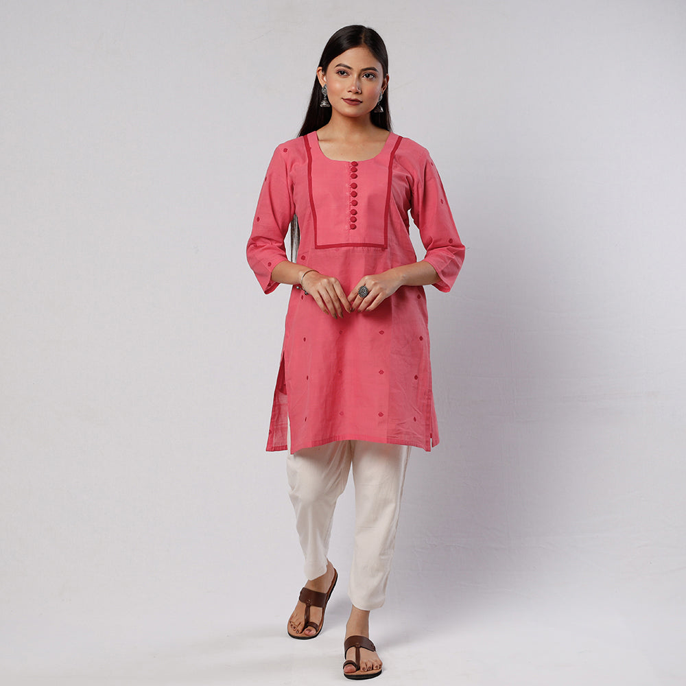 Watermelon Pink Jamdani Handloom Cotton Short Kurta