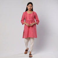 Watermelon Pink Jamdani Handloom Cotton Short Kurta