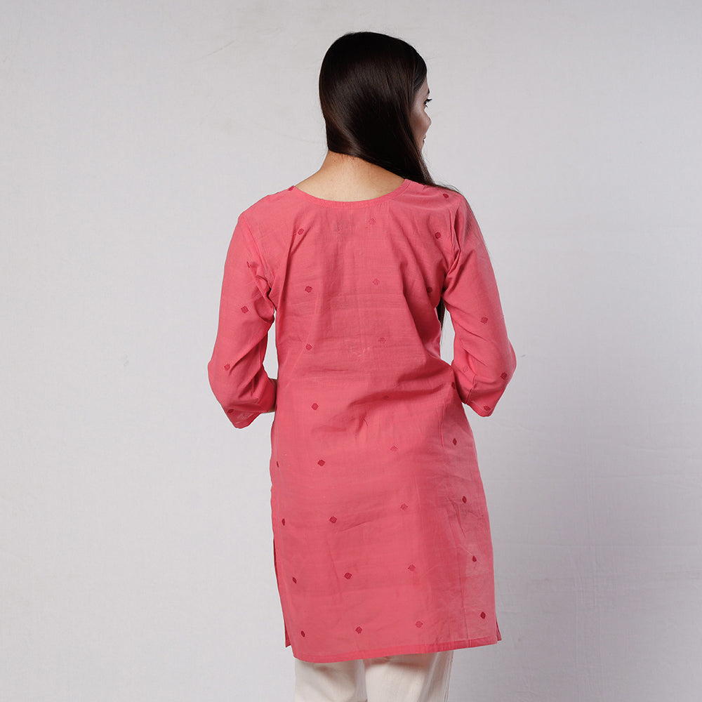 Watermelon Pink Jamdani Handloom Cotton Short Kurta