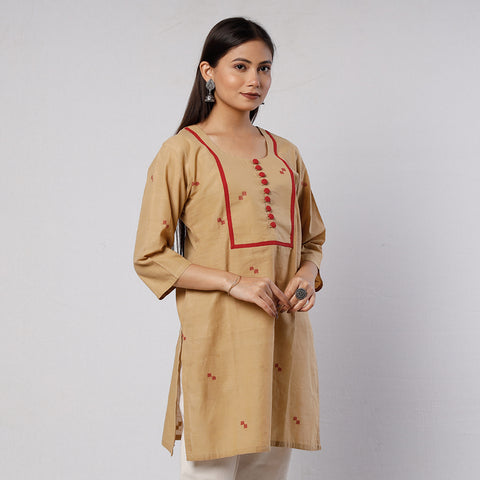 Beige Jamdani Handloom Cotton Short Kurta